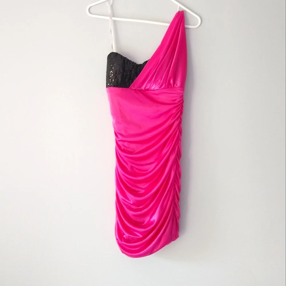 B Darlin | Dresses | B Darlin One Shoulder Hot Pink Black Sequin Ruched Bodycon  Mini Dress Size 9 | Poshmark